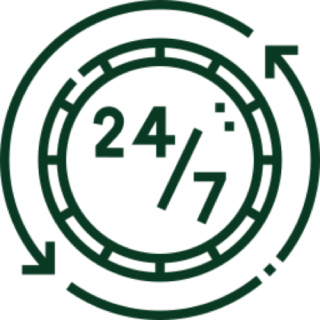 24/7 availability symbol with circular arrows.
