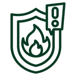 Shield with flame and exclamation mark.