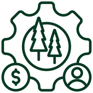 Trees and symbols inside a gear icon.