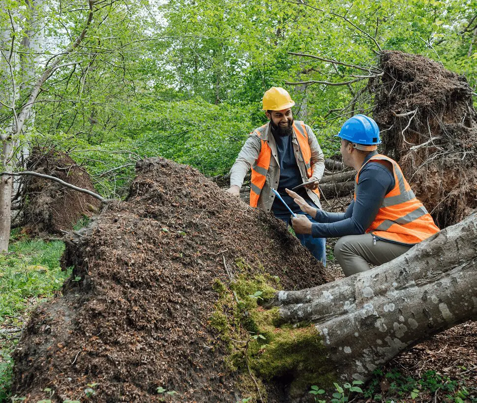 Two workers inspecting fallen trees in forest.